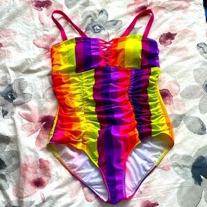 Torrid Slim Fix Wireless Lattice Front One Piece Swimsuit Bright Rainbow -Size 0